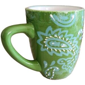 Laurie Gates Green Paisley Mug Hand Painted Raised Design EUC Unused